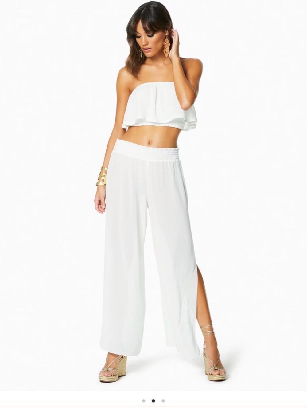 Ramy Brook Athena Textured Palazzo Cover Up Pants White Side Slit Size L NWT